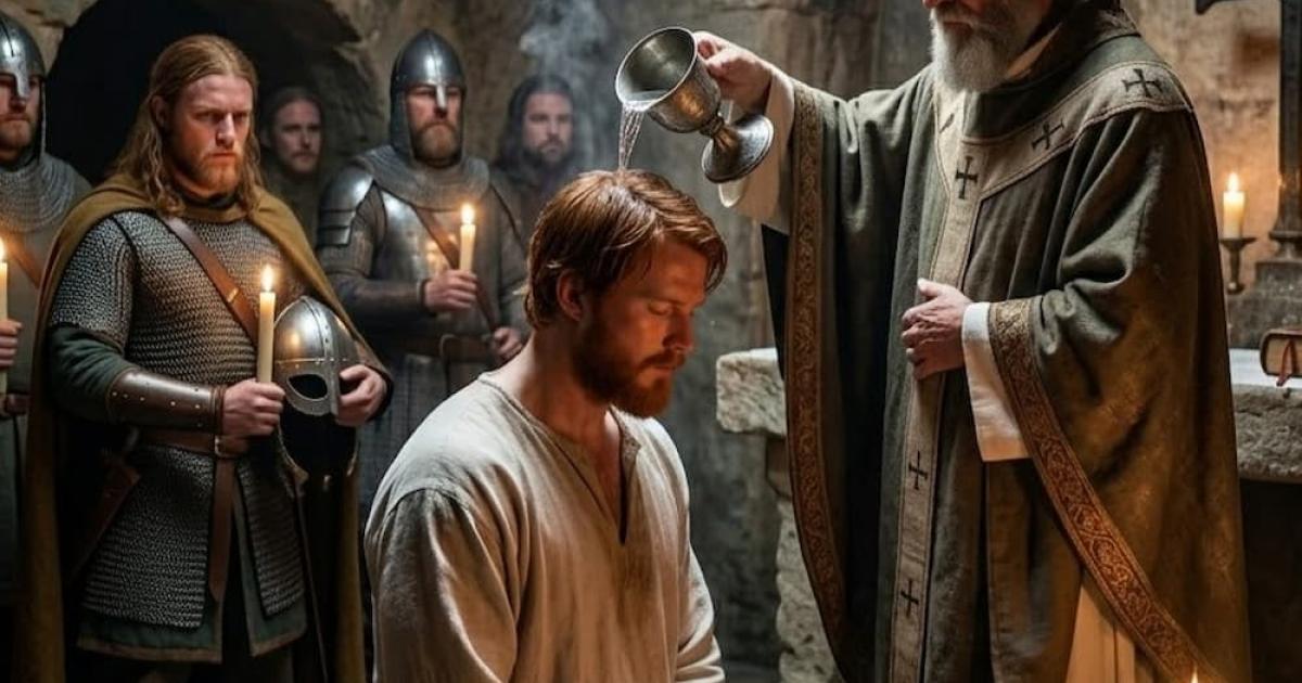 Olaf Haraldsson's solemn baptism in an ancient Rouen crypt. He kneels as an elderly bishop pours sacred water, a moment of profound transformation. Loyal Viking and Norman warriors witness the shift from a warrior's sword to a Christian's cross.